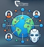 Illustration conceptuelle D.N.D Agency montrant un globe terrestre connecté à des profils utilisateurs et des données,