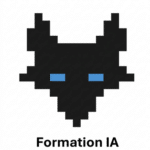 Logo loup en pixel art noir avec yeux bleus - Formation IA DNDAgency
