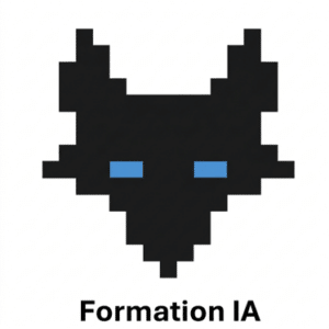 Logo loup en pixel art noir avec yeux bleus - Formation IA DNDAgency